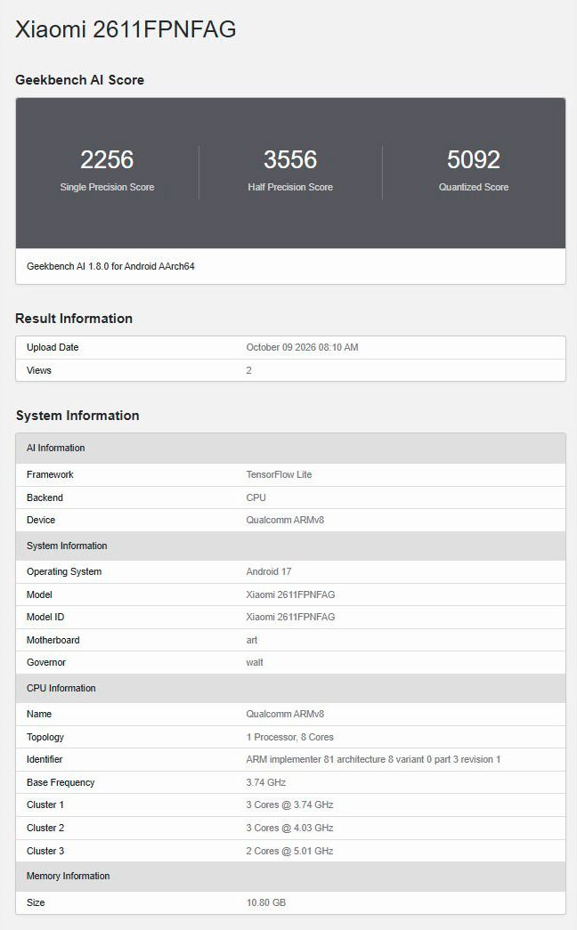 Глобальная версия Xiaomi 18 Pro Max замечена в Geekbench AI